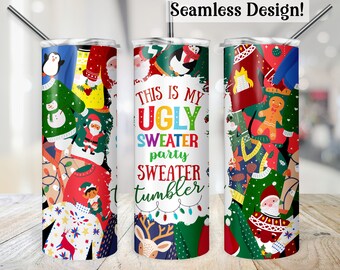 Envoltura para vaso con diseño de suéter navideño feo, transferencia PNG sin costuras para vaso de fiesta de Navidad de 20 oz, diseño digital de sublimación delgado y divertido para fiestas de 20 oz