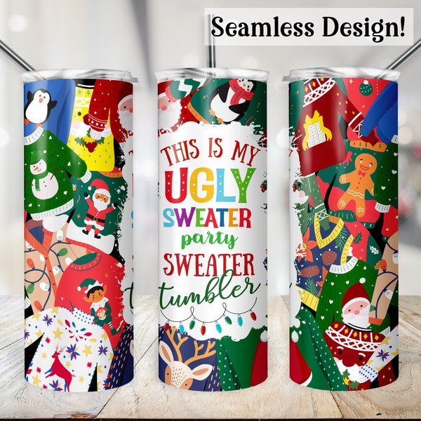 Ugly Christmas Sweater Tumbler Wrap, SEAMLESS 20oz Xmas Party Cup Transfer PNG, Funny Holiday 20 oz Skinny Sublimation Digital Design