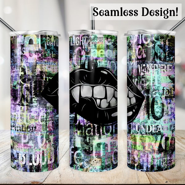 Vampire Tumbler Wrap, SEAMLESS 20oz Graffiti Vampire Fangs Cup Transfer, Pastel Halloween 20 oz Skinny Straight Sublimation Design