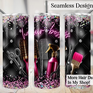 May include: A black and pink tumbler with a seamless design featuring hairdressing tools, including scissors, combs, and a spray bottle. The text "hair boss" is written in pink neon letters.