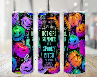 Bright Halloween Tumbler Wrap Hot Girl Summer Cup Spook Bitch PNG Wrap Neon Pumpkins 20 oz Skinny Sublimation Digital Design Download