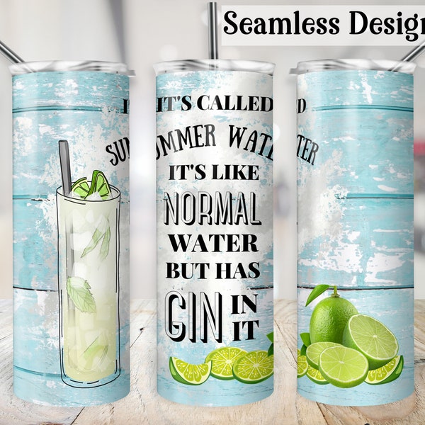 Funny Gin Tumbler Wrap, SEAMLESS 20oz Summer Water Cup Transfer, Liquor Humor 20 oz Sublimation Design PNG File