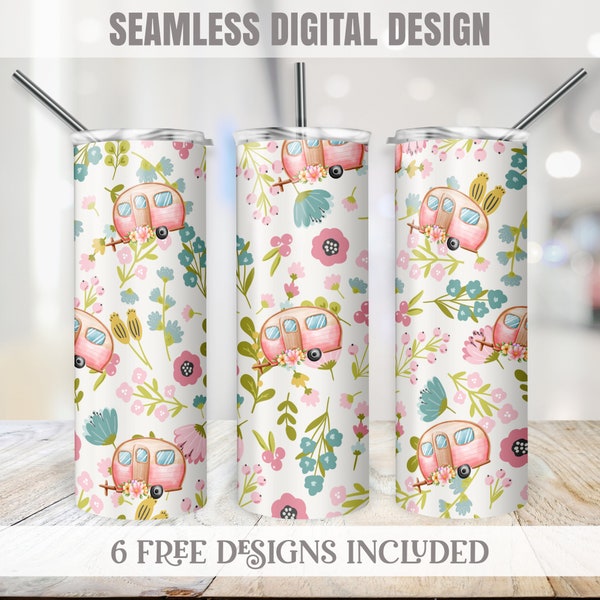Pastel Camping Tumbler Wrap, Pink Camper Cup Transfer PNG, Watercolor Floral 20 oz Sublimation Design