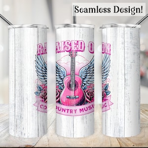 Raised on Country Music Tumbler Wrap, SEAMLESS 20oz Cowgirl Cup Transfer, Guitar 20 oz Skinny Sublimation Design Cowboy Western