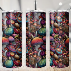 May include: Three stainless steel tumblers with a colorful mushroom pattern. The mushrooms are embroidered with various colors, including red, blue, green, yellow, and purple.