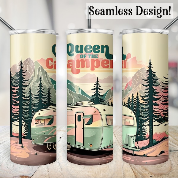 Retro Camping Tumbler Wrap, SEAMLESS 20oz Queen of the Camper Cup Transfer, Vintage Mountains PNG, Summer 20 oz Skinny Sublimation Design