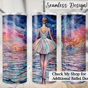 May include: A seamless design featuring a ballerina in a white tutu walking on a colourful, abstract background. The background is a watercolour style with shades of pink, blue, and purple. The design is perfect for a tumbler or other drinkware.