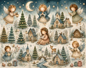 May include: A digital illustration featuring multiple angels with wings, small houses, churches, pine trees, and a deer in a snowy landscape. The scene includes a crescent moon, stars, wrapped gifts, and a small bridge over a stream.