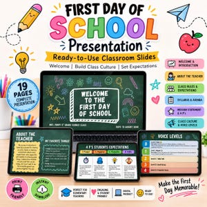 May include: A digital presentation template for the first day of school featuring 19 pages of classroom slides. The display shows a laptop and tablets with text including Welcome to the First Day of School, About the Teacher, 4 P's Students Expectations, and Voice Levels, decorated with colorful icons like a pencil, apple, and lightbulb.