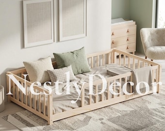 Montessori Bed with Safety Guardrails | Solid Wood Toddler Floor Bed Frame | Low Platform Montessori Floor Bed for Kids