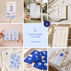May include: A coastal wedding stationery collection featuring seven editable templates with blue seashell illustrations on cream and light blue paper. The set includes table numbers, welcome signs, timelines, RSVP cards, seating charts, and menu cards.