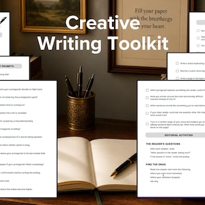 Puede incluir: Un kit de herramientas de escritura creativa que consta de varias páginas blancas impresas con texto negro, incluyendo secciones tituladas The Author's Creative Writing Prompts, Character Development Prompts, Dialogue y Editorial Activities, dispuestas sobre un escritorio.