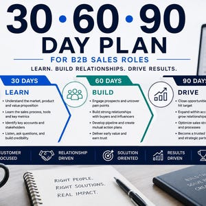 Może przedstawiać: Infografika planu 30-60-90 dni dla ról sprzedażowych B2B z trzema sekcjami: 30 dni na naukę, 60 na budowanie i 90 na działanie. Poniżej czarny kubek z tekstem, notatnik z napisem Right People, Right Solutions, Real Impact oraz czarny dziennik.