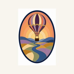 May include: An oval-shaped illustration featuring a hot air balloon with purple, cream, and orange vertical stripes floating above a landscape of rolling hills in shades of blue, green, and yellow, with a winding blue river and a sunset background.