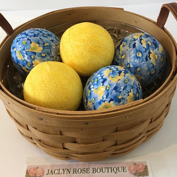 Rag ball bowl fillers, Blue yellow fabric bowl fillers, Flower rag balls, Rag balls, Blue yellow floral fabric rag balls, Summer rag balls