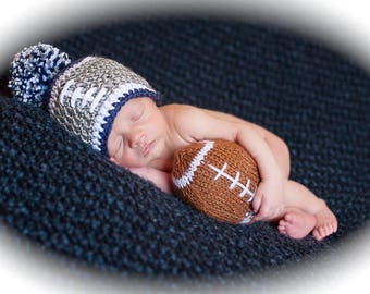 Crochet baby football hat Dallas Seattle New York  Carolina  newborn 0-3 month boy girl pom pom photo prop