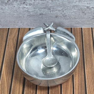 Vintage Mexican Pewter Salsa Bowl with Spoon | Holland Boone Chili Pepper Dip Dish | Hecho en Mexico Hand Cast Aluminum Serving Set