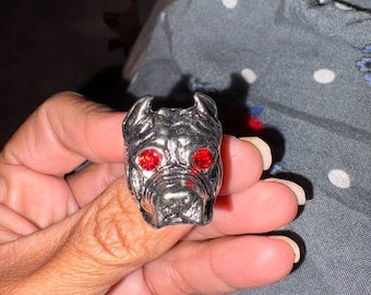 Pitbull Head Ring with Red Eyes size 8