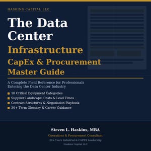 May include: A dark blue informational guide titled The Data Center Infrastructure CapEx & Procurement Master Guide by Haskins Capital LLC. It lists 10 critical equipment categories, supplier landscape, contract structures, and a glossary for professionals.