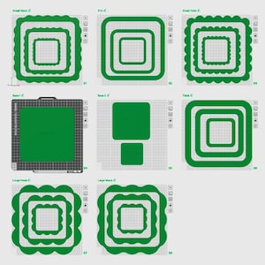 May include: A digital interface displaying eight green square-shaped cookie cutter designs on a grid background. The designs include Small Wave, Thin, Small Petal, Base 1, Base 2, Thick, Large Petal, and Large Wave, each labeled with its specific name.
