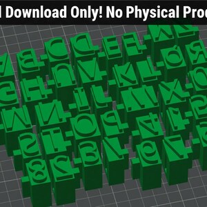 Puede incluir: Una colección de bloques de letras y números verdes en tres dimensiones dispuestos en una cuadrícula sobre un fondo gris oscuro. El texto Digital Download Only! No Physical Products aparece en la parte superior de la imagen en letras mayúsculas blancas.
