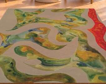 Indoor / Outdoor  Rug, Organic Shapes Olive Green Mustard Orange, Earthy Backyard Garden Balcony Home Gifts
