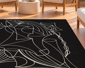 Black Rug Abstract Geometric White Line Art Indoor / Outdoor Original design Rug