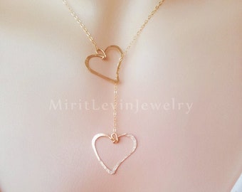 2 Heart necklace 14K Gold filled / 925 Sterling Silver 2 Hearts Jewelry Necklace Two Hearts Necklace Gold or Silver   for her
