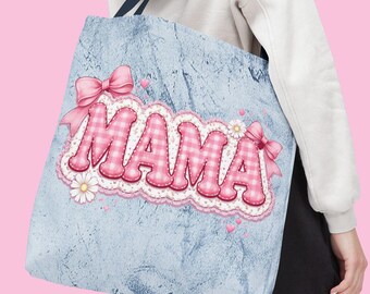 Mama Tote Bag, Faux Patchwork Embroidered, Retro Gingham Daisy, Comfort Colors Style Mom Tote