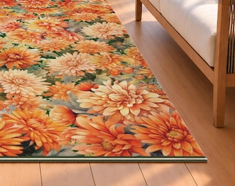 Chrysanthemum Floral Indoor / Outdoor  Rug, Orange Blossom, Outdoor Flower decor