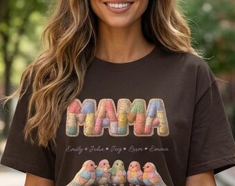 Mama Patchwork Pigeon Shirt, Pastel Faux Quilt T-Shirt, Mom Birthday Personalized Mother's Day Gift