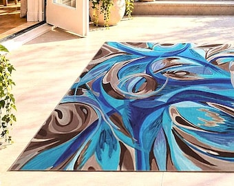 Original Painting Printed Rug Indoor / Outdoor Area, Blue Brown Dopamine Abstract Dynamic Design