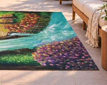 Garden Waterfall Landscape Indoor / Outdoor  Area Rug, Colorful Floral Backyard Garden Balcony Porch Decor