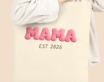 Mama EST 2026 Tote Bag, Faux Puffy Text Cotton Canvas Bag