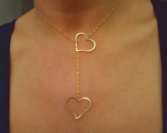 Dubbel hart ketting 14K goud gevuld of sterling zilver handgemaakte liefdesketting voor haar Moederdagcadeau