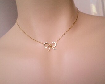 Bow Choker Necklace  Tiny   Bow necklace  Dainty necklace gold  delicate gold necklace also in silver    for her   for her  Mother’s  Gift