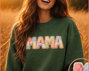Mama Faux Patchwork Sweatshirt Floral Quilt Effect Mother's Day Shirt Mom Birthday Gift