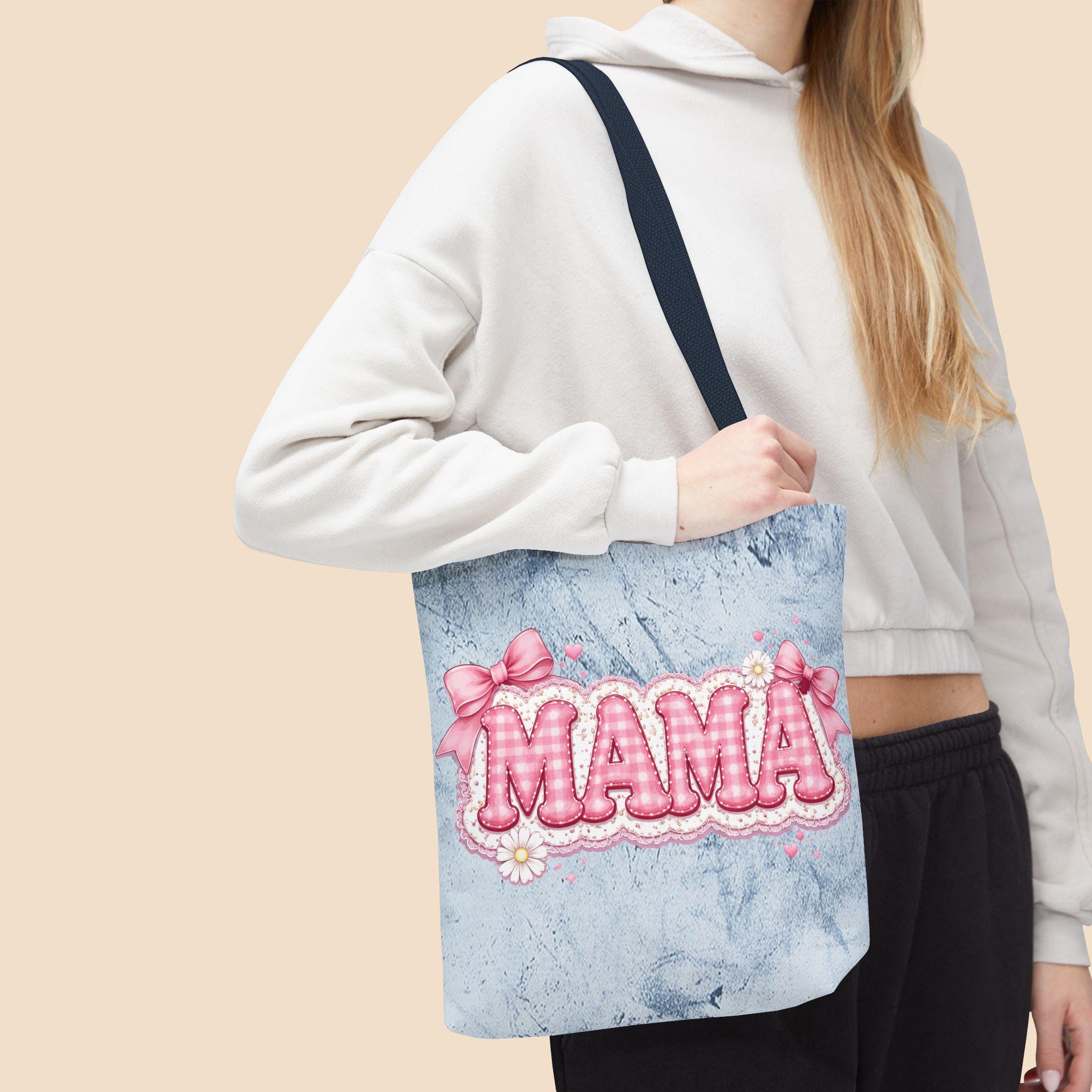 Mama Tote Bag, Faux Patchwork Embroidered, Retro Gingham Daisy