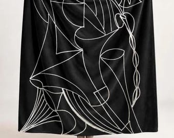 May include: A black throw blanket featuring a continuous white line drawing that forms abstract geometric shapes, curved contours, and interconnected linear patterns across the entire surface of the fabric.