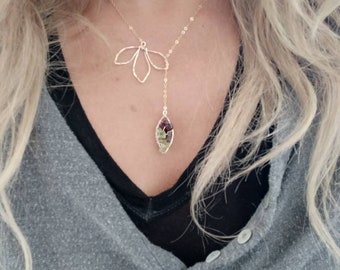 Garnet Amethyst & Peridot Necklace Raw Birthstone Birthday Anniversary  Her Garnet jewelry Leaves flower Necklace   for her  Mother’s  Gift