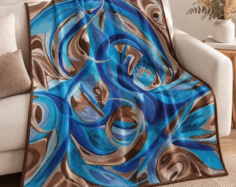 Velveteen Plush Blanket 60" x 80" Abstract Blue Brown Swirl Throw for Couch or Bedroom