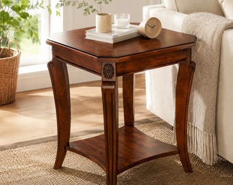 Solid Wood 2-Tier Square End Table, Cherry Walnut Queen Anne Style Side Table, Traditional Accent Nightstand for Living Room & Bedroom