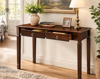 Solid Wood Writing Desk with 2 Drawers, Mid-Century Modern Home Office Desk, Walnut Secretary Computer Desk for Study & Workspace
