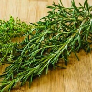 May include: A bundle of fresh rosemary sprigs with needle-like, dark green leaves alongside a smaller cluster of fine, light green thyme leaves. The herbs are arranged in a loose, natural formation, showcasing the distinct textures of each plant.