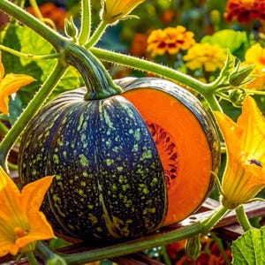 Puede incluir: Una calabaza de color verde oscuro con motas verde claro y un tallo grueso, con un gran trozo cortado que revela la pulpa de color naranja brillante y las semillas, rodeada de flores de calabaza amarillas y enredaderas verdes.