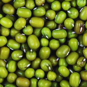 May include: A collection of small, oval-shaped green mung beans. Each bean features a smooth, matte surface with a distinct, small white hilum or scar visible on the side of many individual beans, creating a uniform texture across the frame.