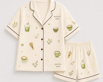 Matcha Pajamas Women Set, Matcha Pajama Set Women, Matcha Latte Sleepwear, Matcha Lover PJs, Coffee Shop Pajamas, Cafe Inspired Sleepwear