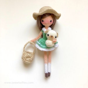 Sierra the Summer Doll + Peanut the Puppy Dog Amigurumi Crochet Pattern DIY Tutorial, Girl Female Cute Classic Fairytale Sun Hat Basket Play