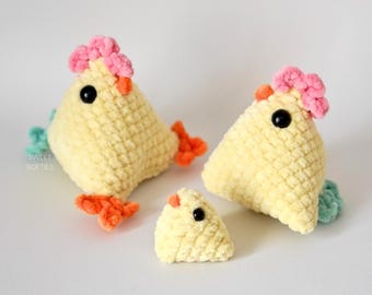 Pyramid Chicken Crochet Pattern · No-Sew "Granny Square Chicken" Alternative 3-in-1 Pattern Pack Plush Yarn Chenille Velvet Hen Chick Cute