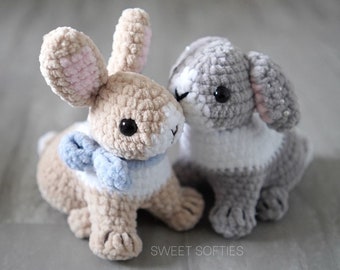 Patrón de crochet para el conejo realista Honey Bunny · Tutorial de amigurumi · Manta de terciopelo de felpa de costura baja · Muñeco de animales del bosque de hilo para niños